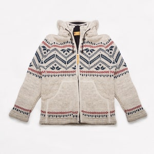 Hand Knitted Woolen Fleece Lined Hooded Jacket Natural Theme, Nepal