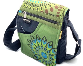 Hippie Boho Mandala Flower Print Passport & iPad shoulder Bag 100% cotton Handmade in Nepal