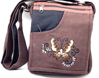 Handmade Cotton Crossbody Bag Butterfly Embroidered Hippie Festival Bag