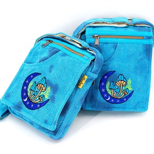Unique designed Himalaya Hemp Mushroom Embroidered Blue Tie Dye Passport Crossbody Bag, Hippie Bag, Boho Bag, Eco-Friendly Crossbody Bag