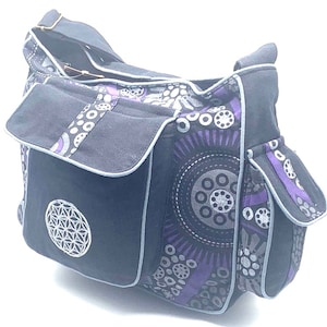 Bolso de hombro de algodón, bolsa de festival, bolsa de archivo, bolso portátil, bolso bandolera estilo mensajero hippie, bolso bordado flor de vida hecha a mano