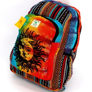 Grand sac à dos tie-dye imprimé soleil et lune en chanvre de l'Himalaya au design unique, sac à dos hippie, sac à dos bohème, sac à dos respectueux de l'environnement