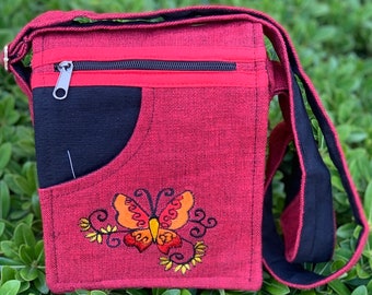 Handmade Cotton Crossbody Bag Boho Hippie Festival Bag with Butterfly Embroidery