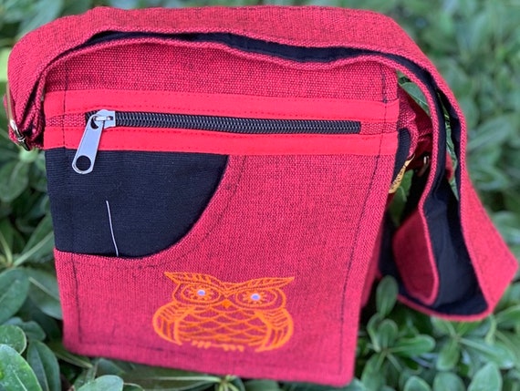 ハンドメイドコットンクロスボディバッグ フクロウ刺繍入り ヒッピー 