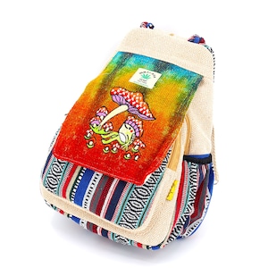 Sac à dos convertible en chanvre, grenouille de l'Himalaya au design unique brodé de champignons tie-dye, sac à dos hippie, sac à dos bohème, sac à dos respectueux de l'environnement