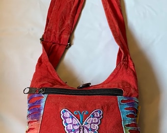 Butterfly Embroidered Cotton Crossbody Bag Boho Festival Hippie Style