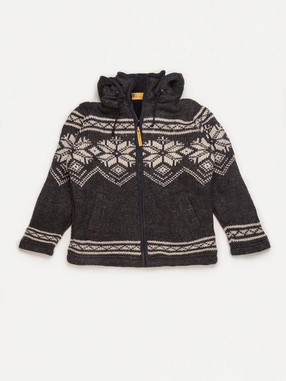 Handgestrickte Wolljacke mit Kapuze, Fleece gefüttert, natürliches