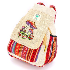 Sac à dos convertible en chanvre, grenouille de l'Himalaya au design unique brodé de champignons tie-dye, sac à dos hippie, sac à dos bohème, sac à dos respectueux de l'environnement