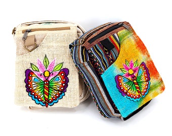 Handmade Hemp Crossbody Bag Butterfly Embroidered Passport Hippie Bag