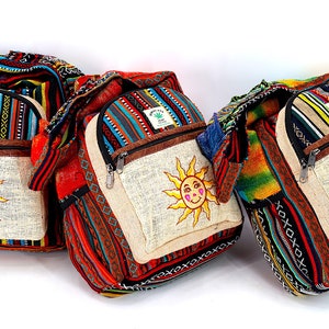 Himalayan Hemp Crossbody Bag Smiling Sun Embroidered Boho Hippie Bag