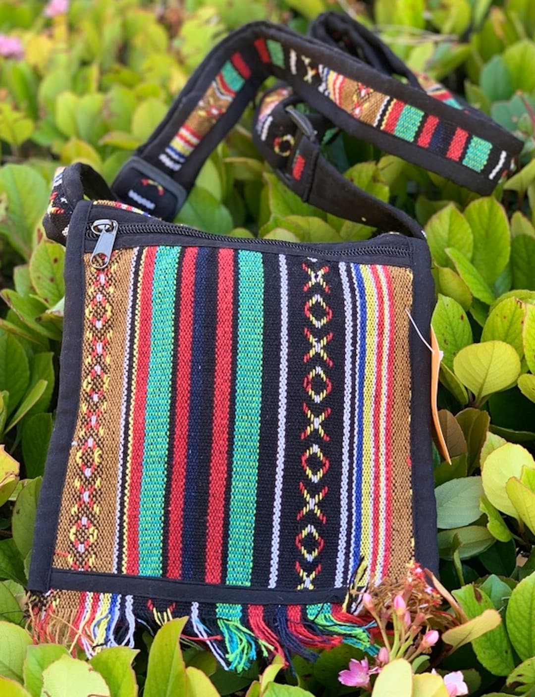 Boho Crossbody Bag - Handmade 100% Cotton Hippie Festival Bag, Passport Size, Adjustable Strap, 8x7x2 Inches