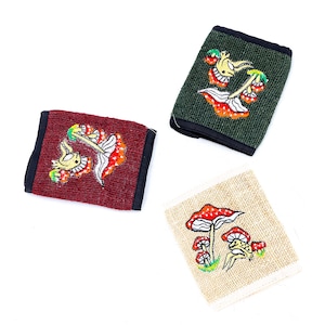 Billetera de cáñamo 100 % con diseño exclusivo, rana multicolor bordada en forma de hongo, billetera de cáñamo, producto ecológico
