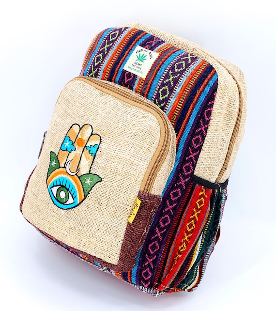 Himalayan Hemp Mini Backpack Embroidered Hamsa Hand, Boho Hippie Bag