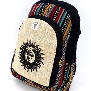 Unique designed Himalaya Hemp Sun and Moon Print Multicolored Large Backpack, Hippie Backpack, Boho Backpack, Eco-Friendly Backpack