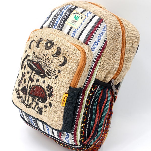 Unique designed Himalaya Hemp Mushroom Print Mini Backpack, Hippie Backpack, Boho Backpack, Eco-Friendly Backpack