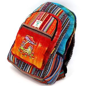 Grand sac à dos unique en son genre avec broderie tie-dye, grenouille en chanvre de l'Himalaya, sac à dos hippie, sac à dos bohème, sac à dos respectueux de l'environnement