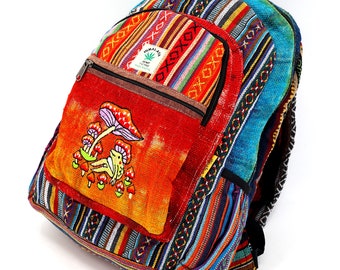 Himalayan Hemp Backpack Frog Mushroom Embroidered Tie Dye Boho Bag