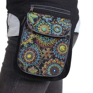 Riñonera de algodón con bordado floral hecha a mano, bolso de cadera para festivales de comercio justo