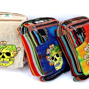 Embroidered Hemp Passport Bag Skull Mushroom Design, Hippie Boho Style