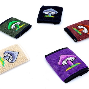 Billetera de cáñamo 100 % con diseño exclusivo, bordada con un solo hongo multicolor, billetera de cáñamo, producto ecológico