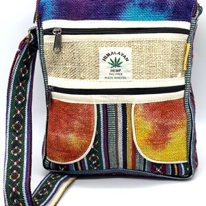 May include: A multi-coloured hemp crossbody bag with a zipped pocket and a patch that reads "Himalayan Hemp THC Free Made in Nepal".