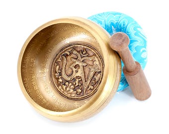 Hand Carved Tibetan Singing Bowl Chakra Sound Bowl with Mallet & Cushion