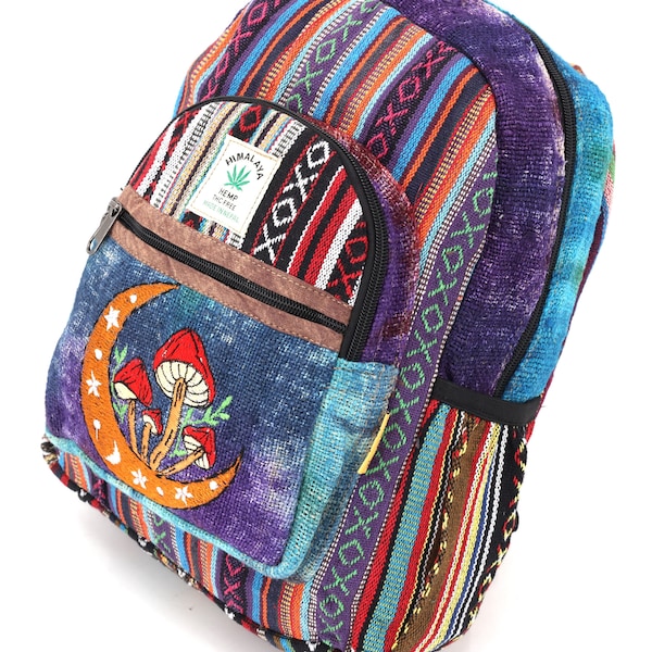 Unique designed Himalaya Hemp Moon Mushroom Embroidered Tie Dye Mini Backpack, Hippie Backpack, Boho Backpack, Eco-Friendly Backpack