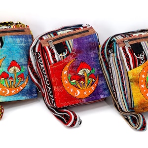 Einzigartige Himalaya Hanf Mond Pilz gestickte Tie Dye Passport Crossbody Bag, Hippie-Tasche, Boho Tasche, umweltfreundliche Crossbody Bag