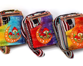 Himalayan Hemp Crossbody Bag Moon Mushroom Embroidered Tie Dye