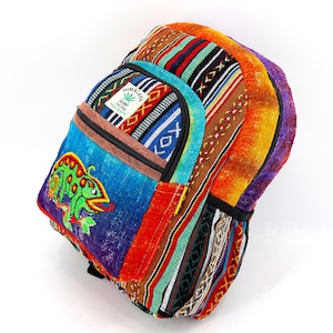 Mini sac à dos brodé tie-dye caméléon/iguane en chanvre de l'Himalaya au design unique, sac à dos hippie, sac à dos bohème, sac à dos respectueux de l'environnement