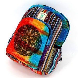 Mini sac à dos unique en chanvre aztèque et calendrier imprimé tie-dye de l'Himalaya, sac à dos hippie, sac à dos bohème, sac à dos respectueux de l'environnement