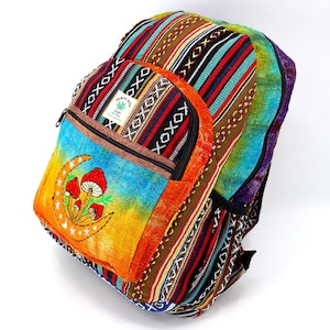 Grand sac à dos au design unique Himalaya chanvre lune et champignons brodés tie-dye, sac à dos hippie, sac à dos bohème, sac à dos respectueux de l'environnement