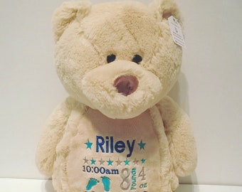 Personalised Embroidered Teddy Bear Soft Toy - Embroidered bear, personalised gift, Personalized teddy, newborn gift, gift idea for boys