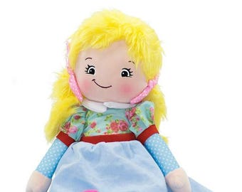 Personalised Rag Doll with blonde hair, name added on dress, cloth fabric doll, baby toddler doll, birthday gift, personalized doll