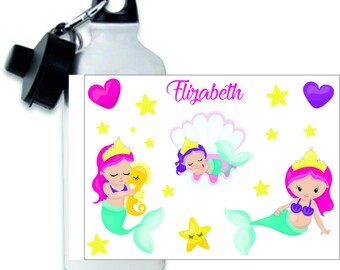 Personalised Mermaid themed metal water sports bottle for children, kids water bottle, girls water bottle, children's water bottle, custom