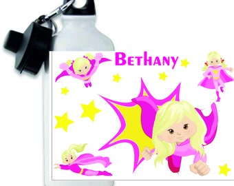 Personalised Pink Superhero themed metal water sports bottle for children, kids water bottle, girls water bottle, children's water bottle,