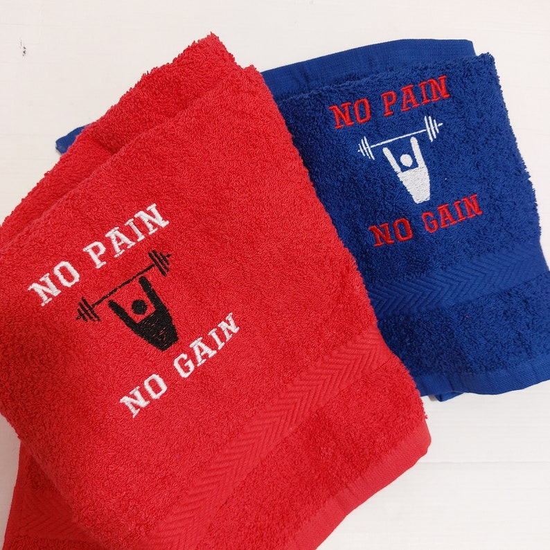 Personalised Embroidered Gym Towel - Different colours available, no pain no gain, lifting, weights, muscle, fitness 