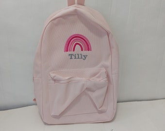 Personalised embroidered Rainbow Pink Boys Girls Rucksack Backpack Bag School, Mini Essentials Nursery backpack, toddler preschool