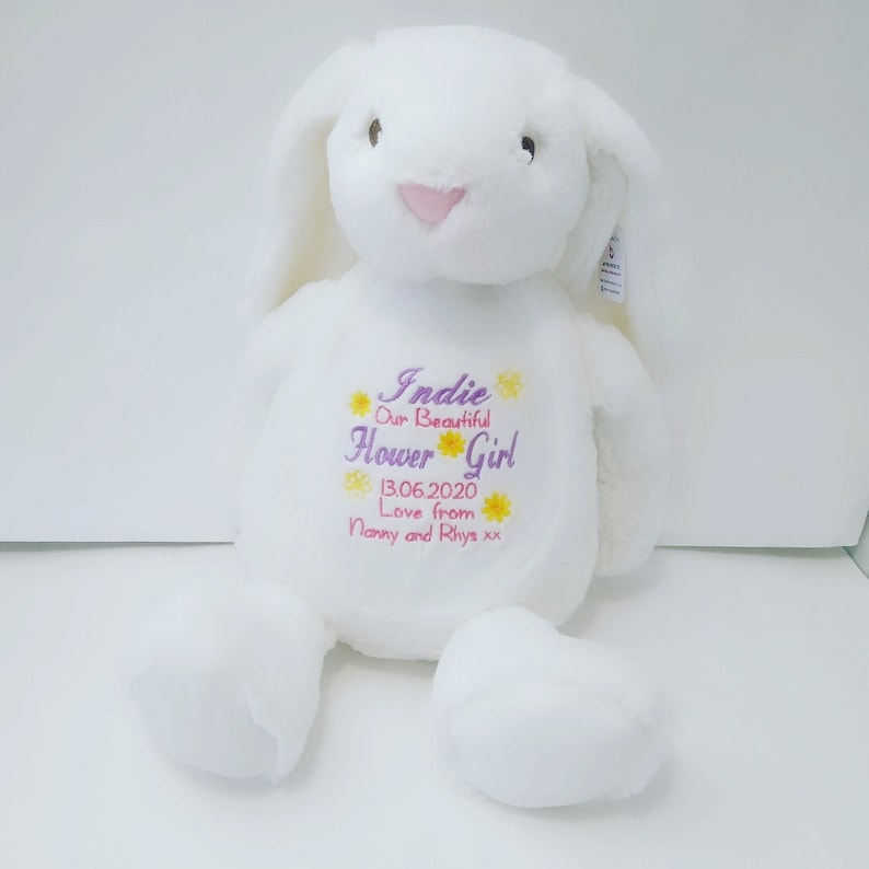 Regalo de niña de flores personalizada flor niña conejo peluche de juguete suave gracias regalo, recuerdo de la niña de las flores, regalo de agradecimiento dama de honor, regalo de boda imagen 1