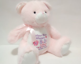 Personalised Pink Baby Teddy Bear, Custom Teddy, Embroidered Baby Teddy, New baby gift, Personalised teddy bears, newborn baby gift for girl