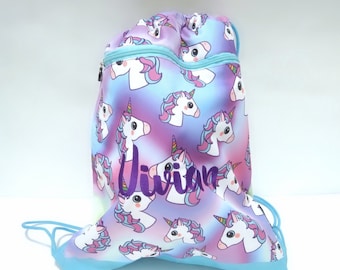 Personalised Embroidered Unicorn Drawstring Bag, PE bag pe, personalised school bag, unicorn gift, pink bag, swimming or nursery bag