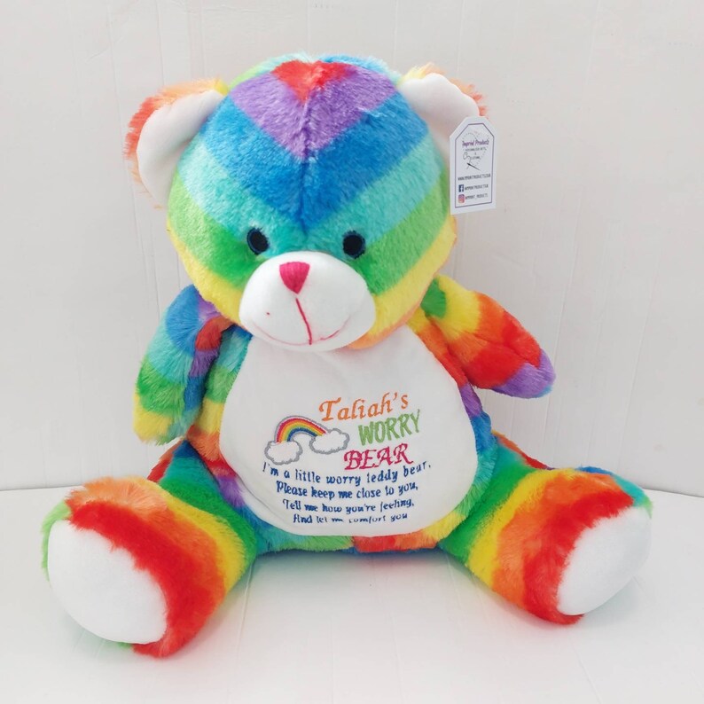 Rainbow Teddy Bear Embroidered Worry Bear-  comfort, autism comforter, anxiety worry toy, gift for children, teddy bear, anxiety bear 