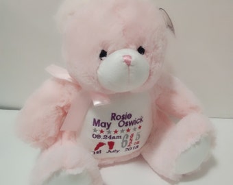 Cadeau de souvenir nounours rose personnalisé pour bébé fille, jouet doux brodé, idée de cadeau pour nouveau-né, cadeau personnalisé pour bébé