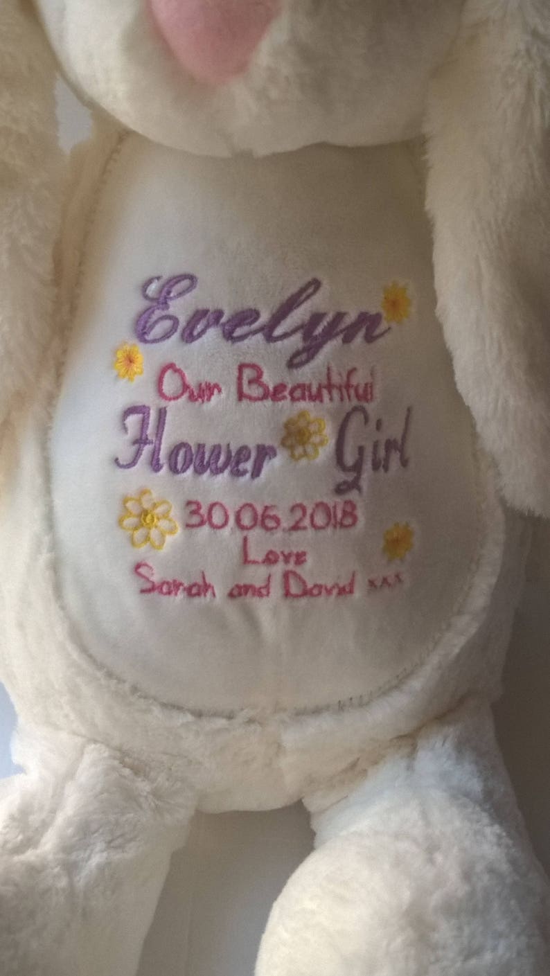 Regalo de niña de flores personalizada flor niña conejo peluche de juguete suave gracias regalo, recuerdo de la niña de las flores, regalo de agradecimiento dama de honor, regalo de boda imagen 3