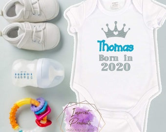 Baby Born in 2023 Personalised Crown Baby Vest Bodysuit, Embroidered Baby Vest Any Name, New Baby Hospital Outfit, New Baby Gift