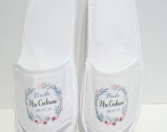 Bridesmaid slippers, Personalised Floral Bride Slippers, Bridal Slippers, Personalised Honeymoon Gift, Bridal Gift, Personalized slippers