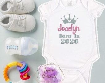 Baby Born in 2023 Personalised Crown Baby Vest Bodysuit, Embroidered Baby Vest Any Name, New Baby Hospital Outfit, New Baby Gift