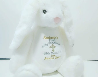 Personalised Christening or Holy Communion Bunny Soft Toy Teddy, Christening keepsake gift, Christening gift, gift for newborn babies,