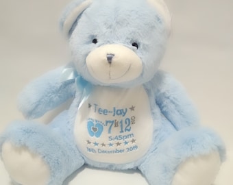 Personalised Blue Baby Teddy Bear, Custom Teddy, Embroidered Baby Teddy, New baby gift, Personalised teddy bears, newborn baby gift for boys