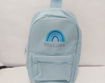 Personalised embroidered Rainbow Blue Boys Girls Rucksack Backpack Bag School, Mini Essentials Nursery backpack, toddler preschool